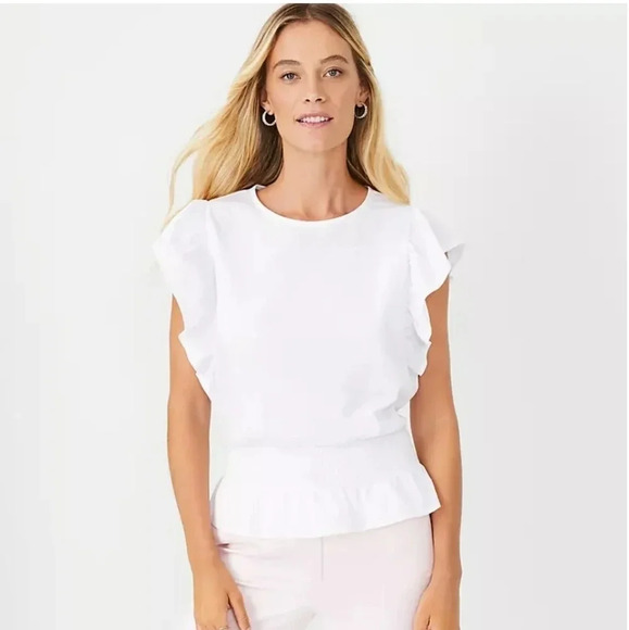 Ann Taylor Tops - Ann Taylor White Smocked Waist Flutter Sleeve Top size MP